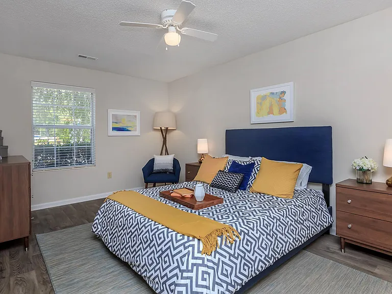 Master Bedroom with Ceiling Fan - Gold Interior