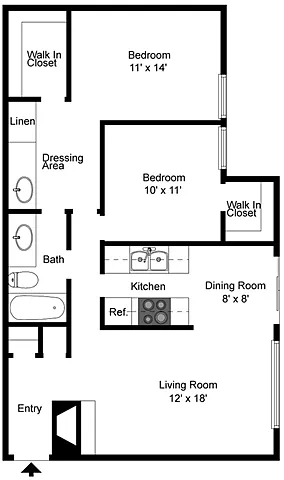 Floor plan 2 Bedroom 1 Bath Fireplace