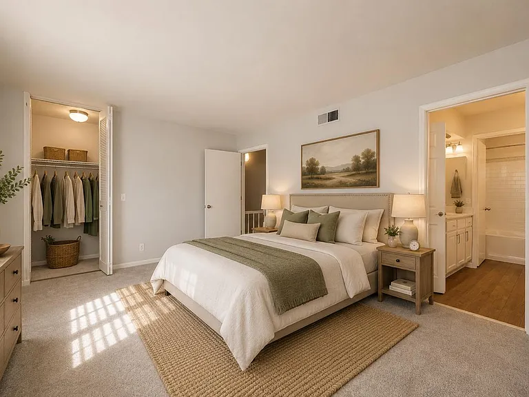 Primary bedroom featuring generous natural light, neutral finishes, and direct access to the ensuite bathroom. Photos are virtually staged.