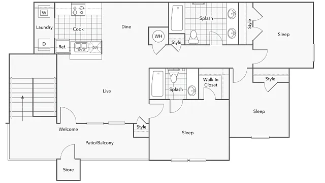 Floor plan 3BR x 2BA with Washer/Dryer
