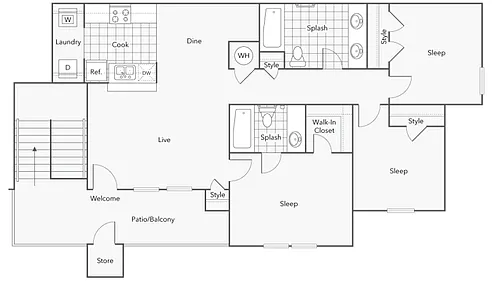Floor plan 3BR x 2BA with Washer/Dryer