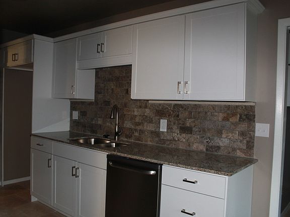 Alternative view of kitchen
						:
						Brushed nickel swan neck faucet, and stainless steel sink and dishwasher