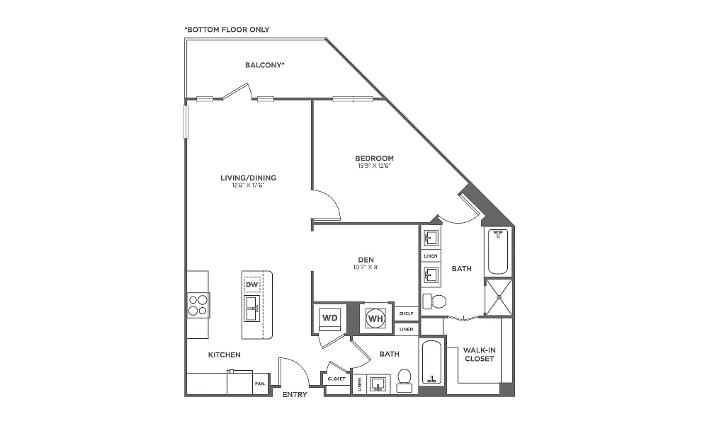 Floor plan One Bedroom Two Bath With Den (960 SF)