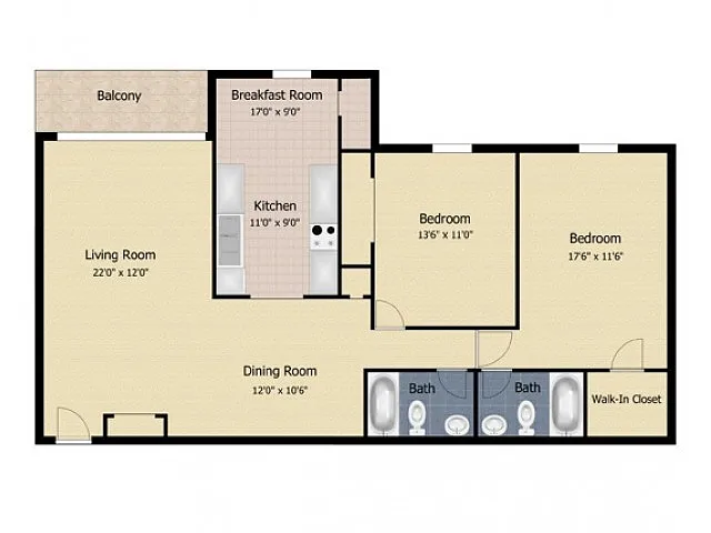 Floor plan 2 Bedroom 2 Bath Deluxe