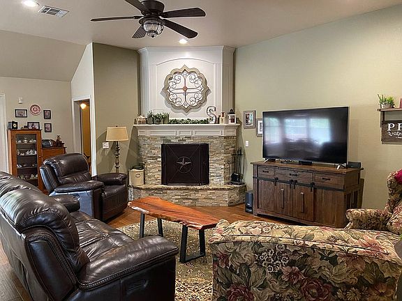 Family room, stone fireplace