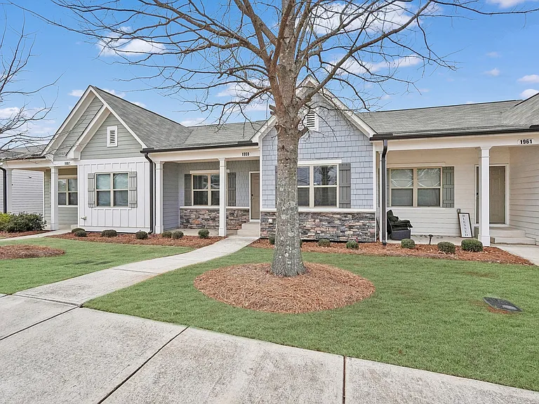 Aerial shot of the ranch-style Fairburn Layout, cottage homes