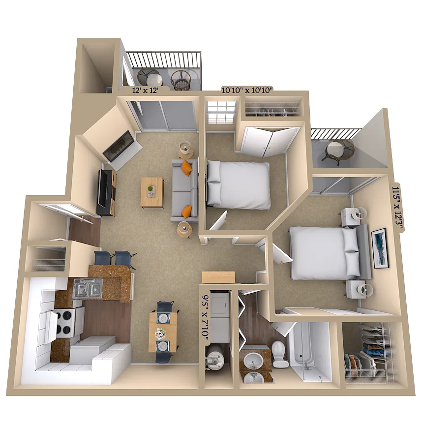 Floor plan 2BR 1BA (790 SF)