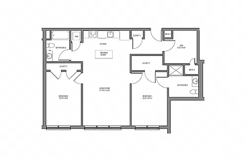 Floor plan Two Bedroom Two Bath with Den