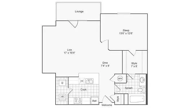 Floor plan 1 bed/1 bath-849 sqft