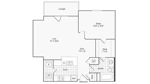 Floor plan 1 bed/1 bath-849 sqft