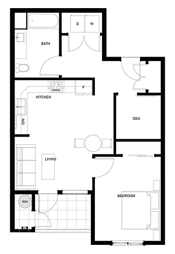 Floor plan 1 Bed, 1 Bath, Den Small