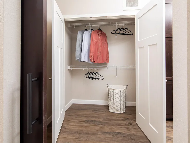 View of spacious closet at The Whitley apartments in St. Paul, MN.