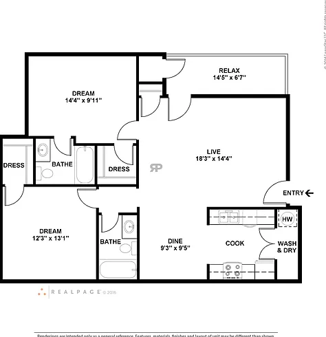 Two bedroom apartment with spacious walk-in closets and kitchen island