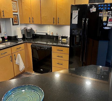 Kitchen seen through a wider-angle featuring new refrigerator and dishwasher