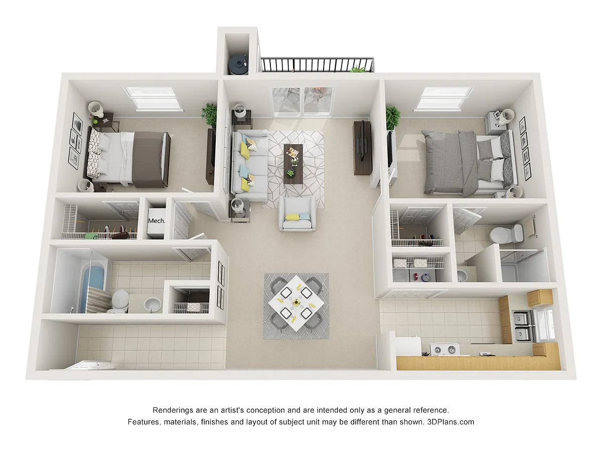 Floor plan 2 Bedrrom 2 Bath Apartment Home with 872 Square Fe