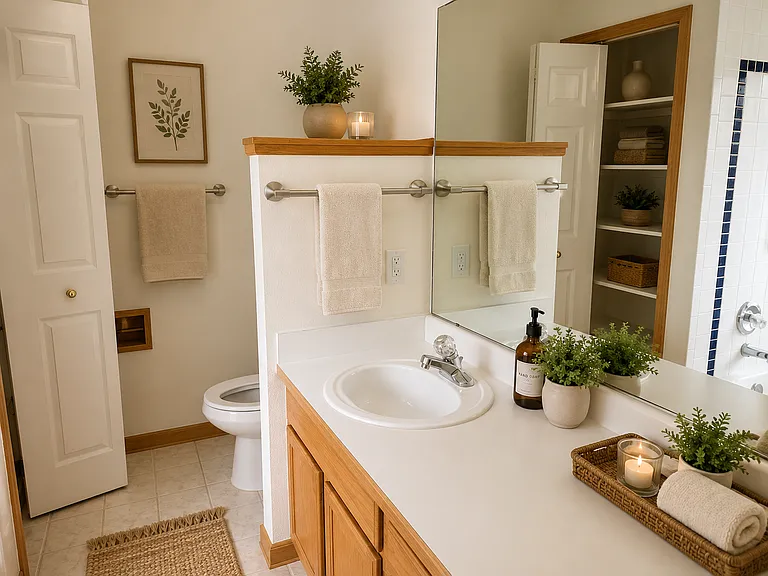 AI-staged bathroom vanity concept showing a clean, spa-inspired feel with warm wood accents, soft towels, simple greenery, and refreshed everyday function.