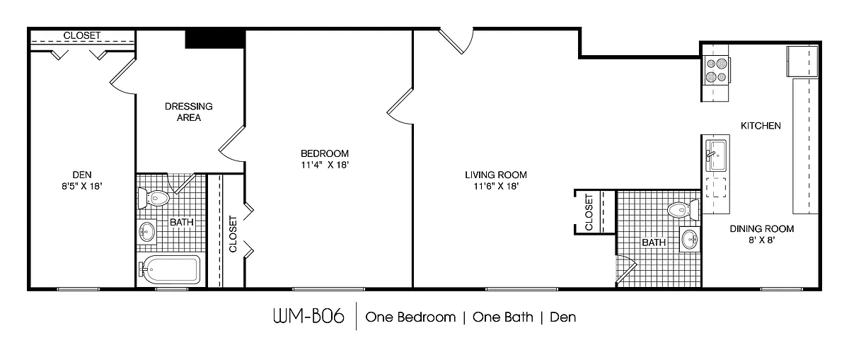 Floor plan Westmoreland 1 Bedroom 1.5 Bath Den