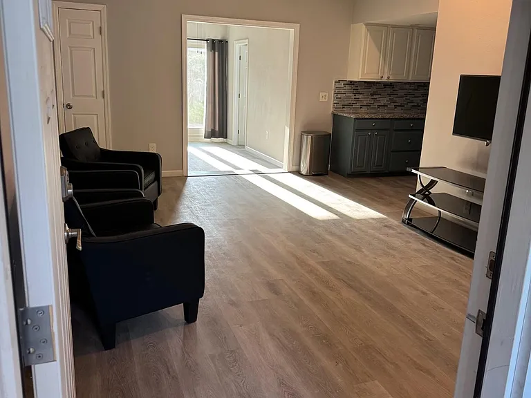 Open living area with durable wood-look flooring, ceiling fan, and adjacent kitchenette with ample cabinetry and backsplash.