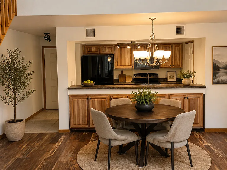 AI-staged kitchen and dining concept showing a warm, functional dining area, open kitchen connection, and inviting layout for everyday living or relaxed entertaining.