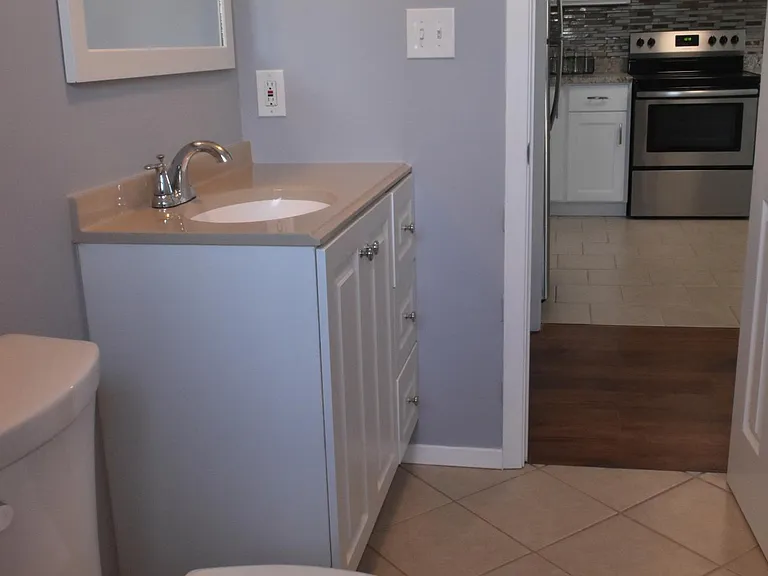Bathroom with kitchen view