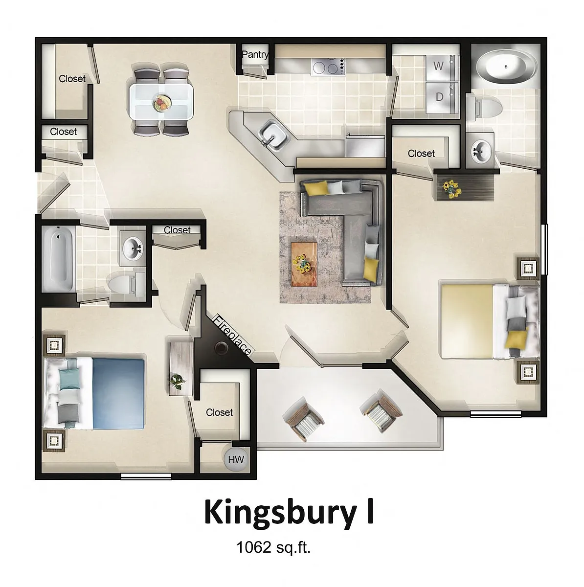 Floor plan 2 Bedroom 2 Bath with Balcony or Patio Kingsbury I