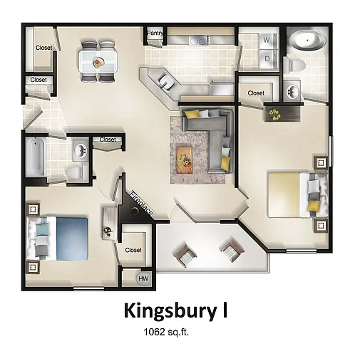 Floor plan 2 Bedroom 2 Bath with Balcony or Patio Kingsbury I