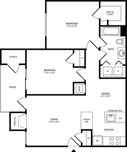 Floor plan 2 Bed/1 Bath-B1