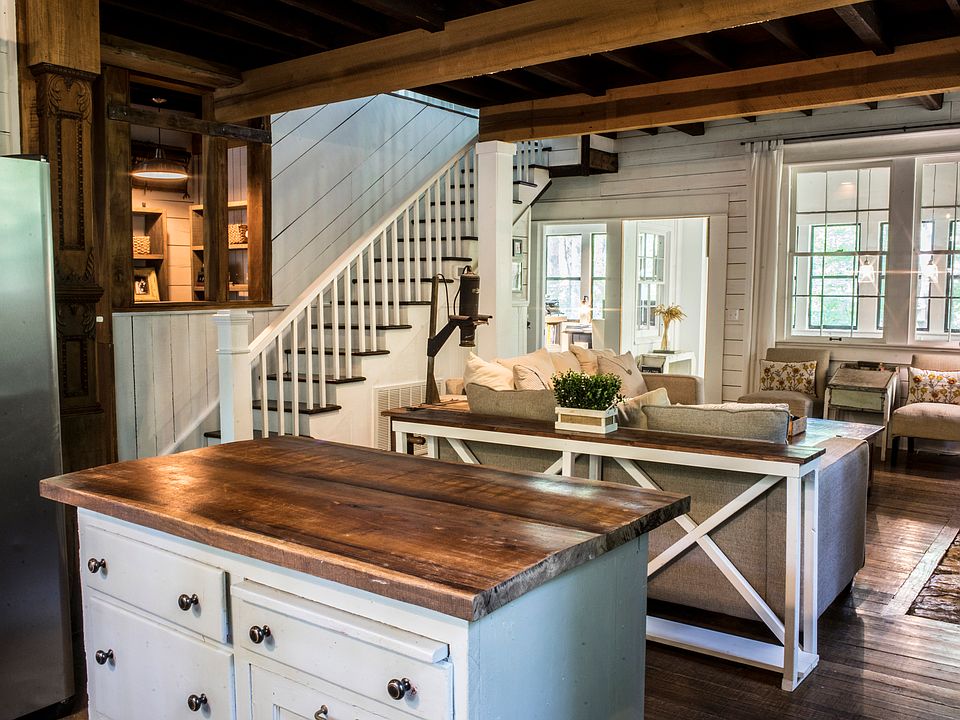 Great room w/ shiplap walls