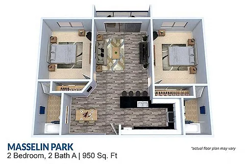 Floor plan 2 Bedroom 2 Bath 950 sq ft