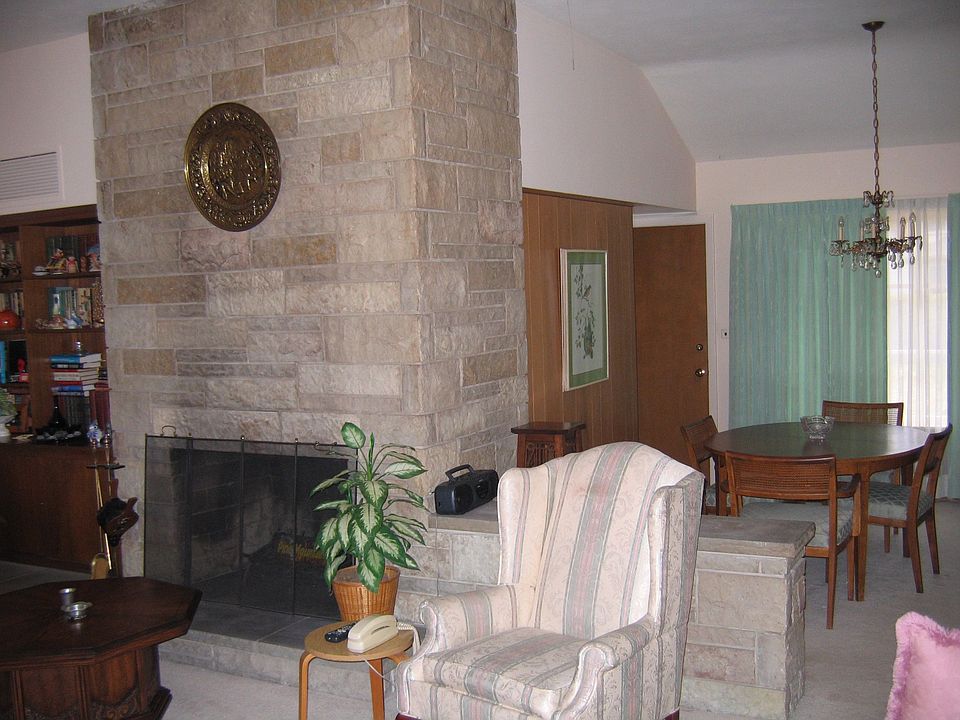 Vaulted ceiling with stone fireplace