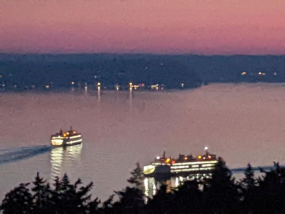Shortly after sunset, outgoing and incoming ferries below the Apartment highlight the breathtaking serenity of Puget Sound and feed your soul.