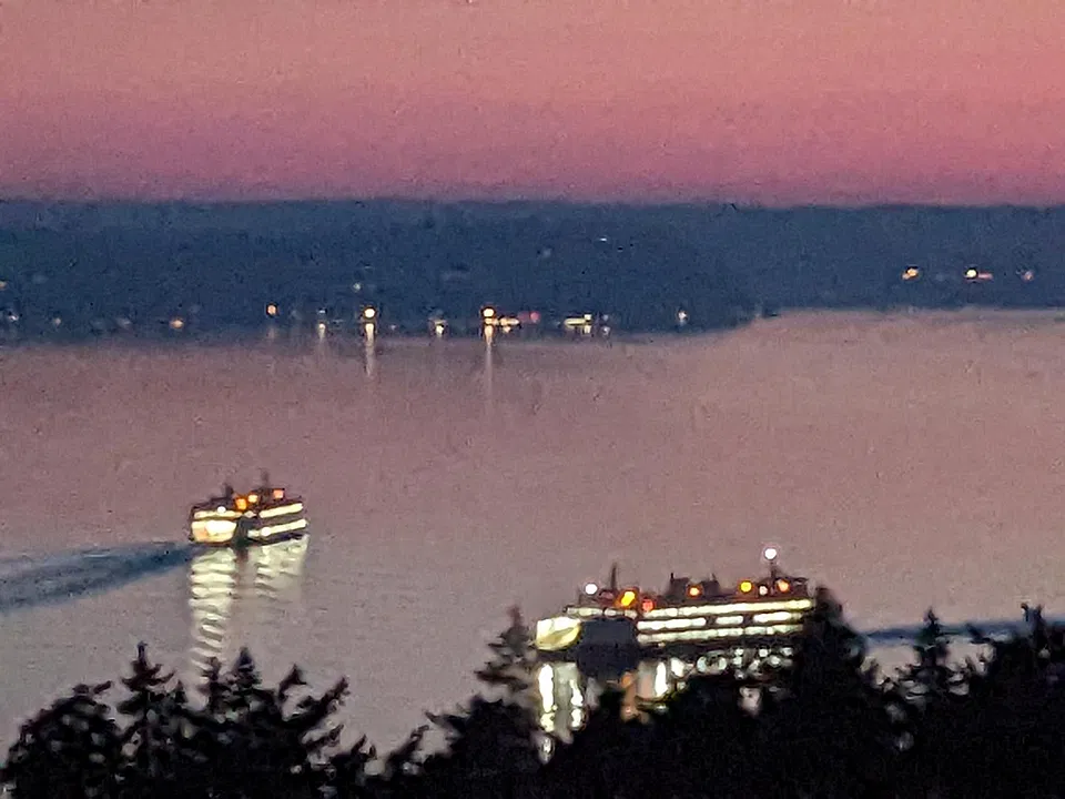 Shortly after sunset, outgoing and incoming ferries below the Apartment highlight the breathtaking serenity of Puget Sound and feed your soul.