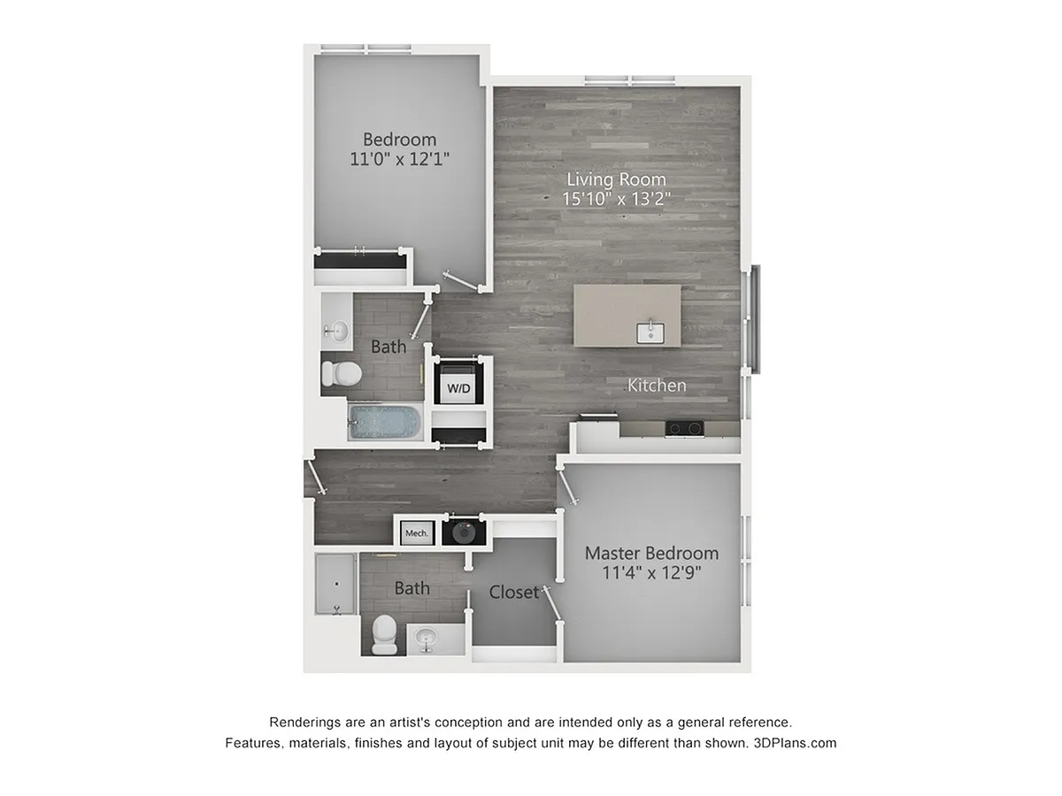 Floor plan Two Bedroom Two Bathroom (1057 SF)