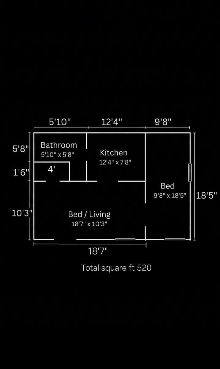Floor plan 1 Bed 1 Bath Large Living Room - Full Appliances