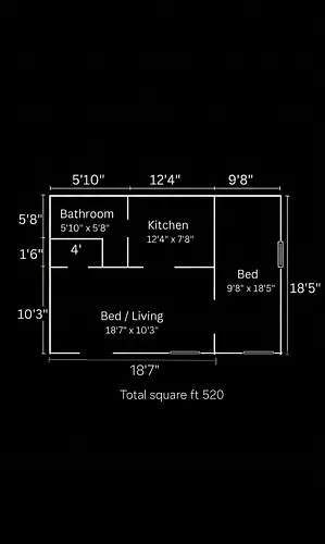 Floor plan 1 Bed 1 Bath Large Living Room - Full Appliances