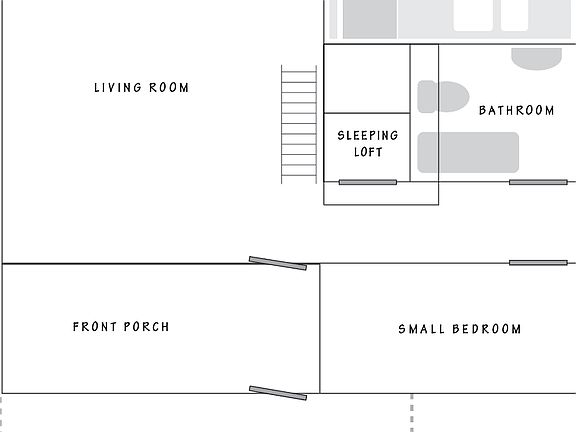 Floor Plan. Sleeping Loft is big enough for larger mattresses, accessed by ladder in living room.
