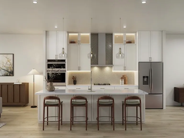 Large Island, Ceiling Height Cabinets and Under-cabinet Lighting.