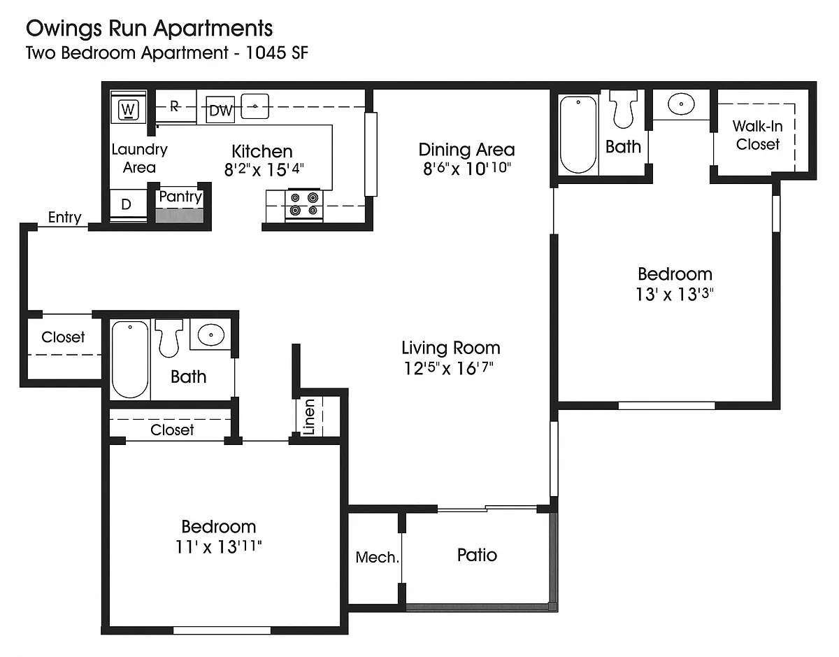 Floor plan 2BR 2BA (1045sf)
