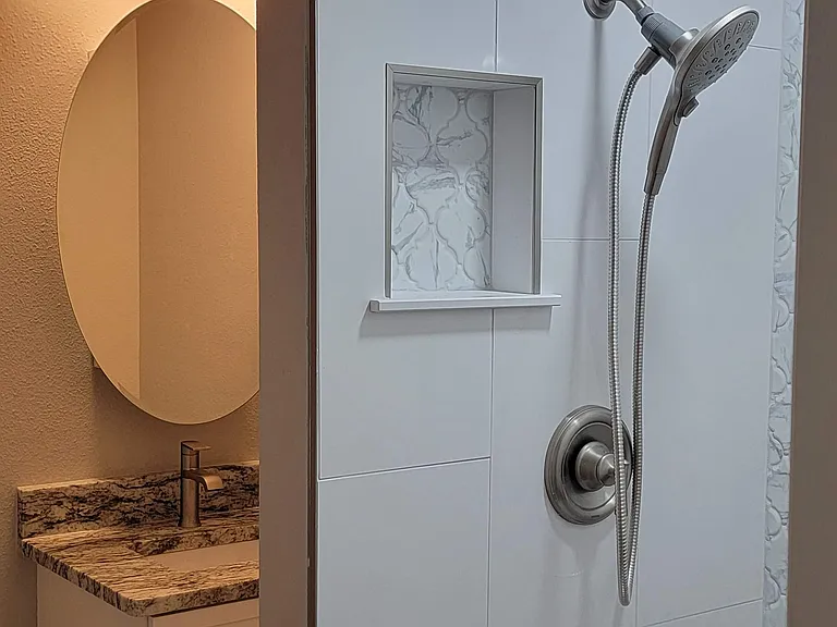 Fully finished 2nd bathroom - Walk-in shower with seat, vanity & sink, oversink mirror, toilet, ample storage in multiple closets.