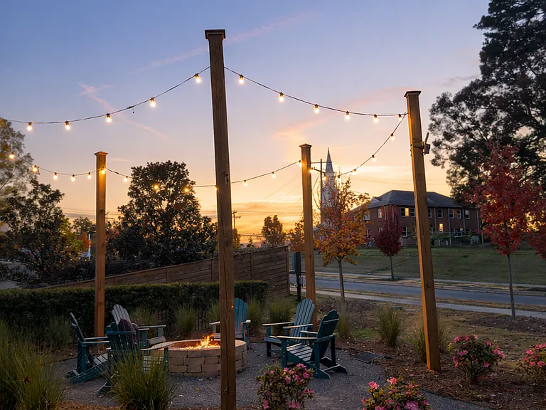 Community outdoor firepit and seating area