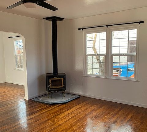 Living room with wood stove
