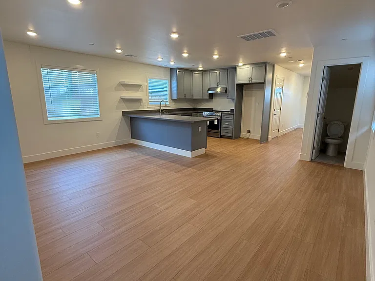 Open kitchen + living room layout