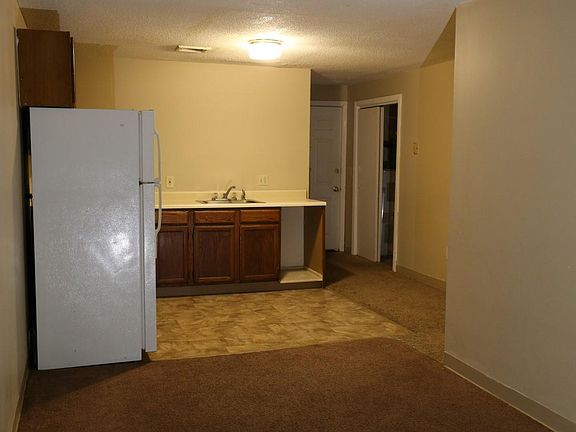 Kitchen and entry door. Electric hot water tank in closet.