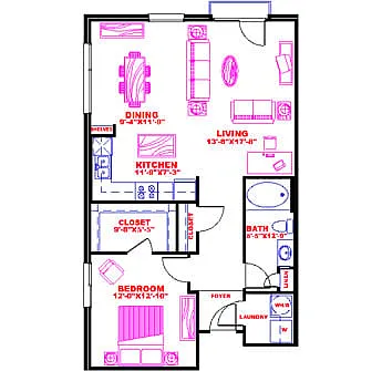 Floor plan Traditional 1x1 529-913 SF