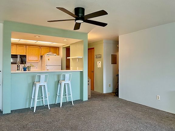Galley kitchen opens to living room and includes bar seating.