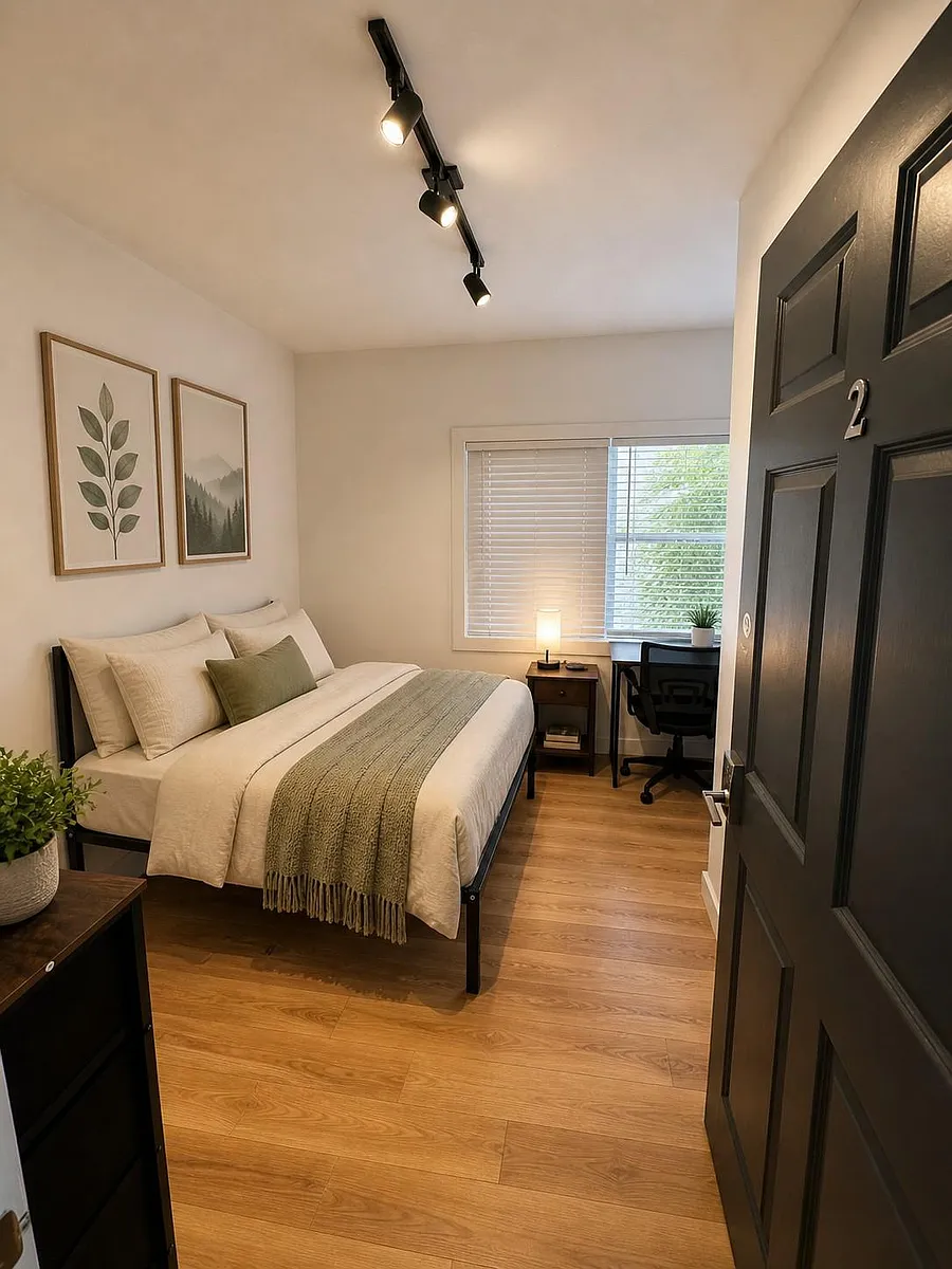 Well-appointed bedroom featuring a full bed, nightstand, and a dedicated desk workspace by the window for productivity. - 9th Ave N
