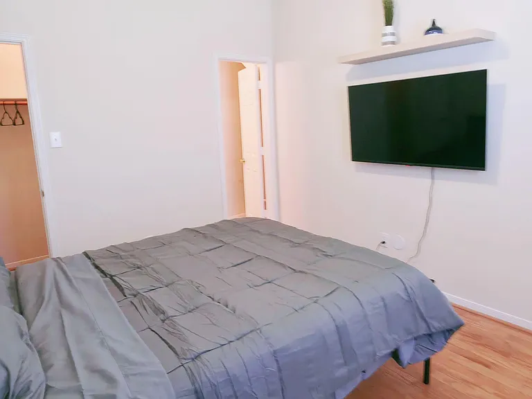 Furnished bedroom with wood-look floors, ceiling fan, open closet access, and a wall-mounted TV with display shelf.