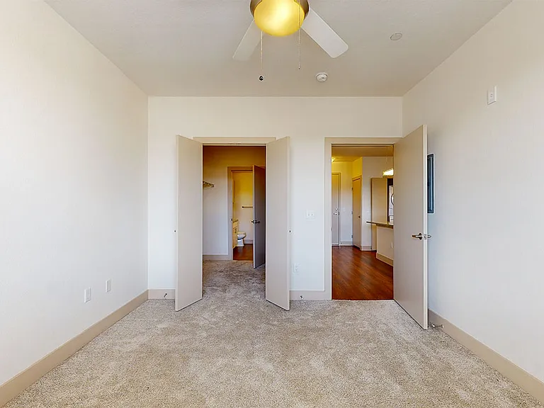 Spacious apartment bedroom with large closet, attached bathroom and plush carpet flooring.