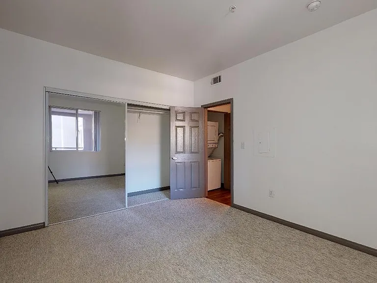 Spacious apartment bedroom with plush carpet flooring.