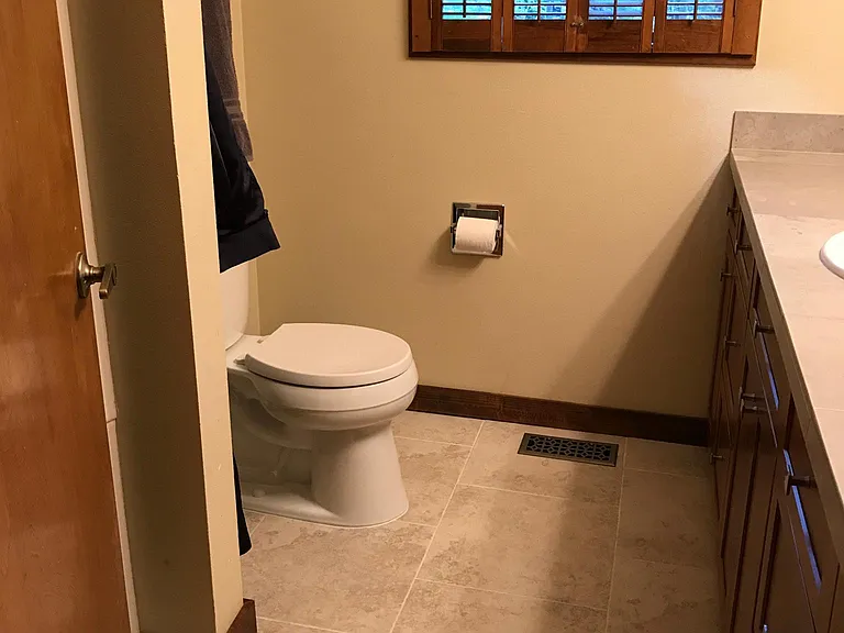 Primary bathroom with backyard view.